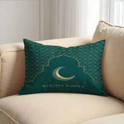 Ramadan Kareem Cushion Cover, Teal Green Islamic Geometric Pillow Case, Crescent Moon Decor, Modern Style - thumbnail 2