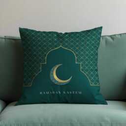 Ramadan Kareem Cushion Cover, Teal Green Islamic Geometric Pillow Case, Crescent Moon Decor, Modern Style - thumbnail 1