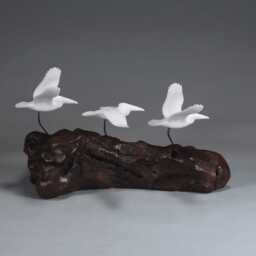 Pelican Trio Sculpture By John Perry in Flight 8In Long On Poshed Burlwood Base. Signed - thumbnail 2