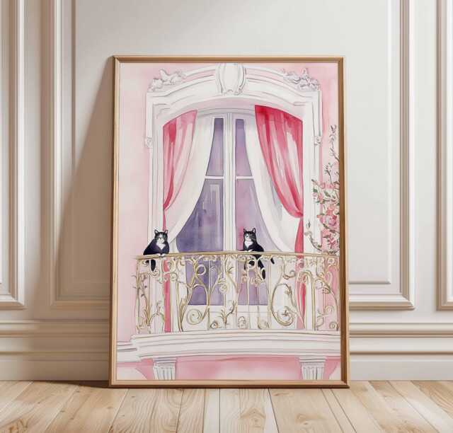 Paris Balcony Cat Poster, French Window Art Print With Pink Curtains, Black & White Cats Wall Decor, Romantic Parisian Home Decor - image 1
