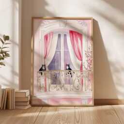 Paris Balcony Cat Poster, French Window Art Print With Pink Curtains, Black & White Cats Wall Decor, Romantic Parisian Home Decor - thumbnail 3