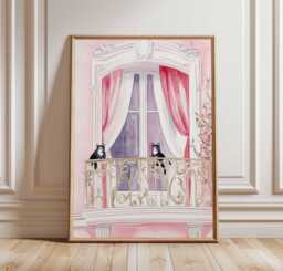 Paris Balcony Cat Poster, French Window Art Print With Pink Curtains, Black & White Cats Wall Decor, Romantic Parisian Home Decor - thumbnail 1