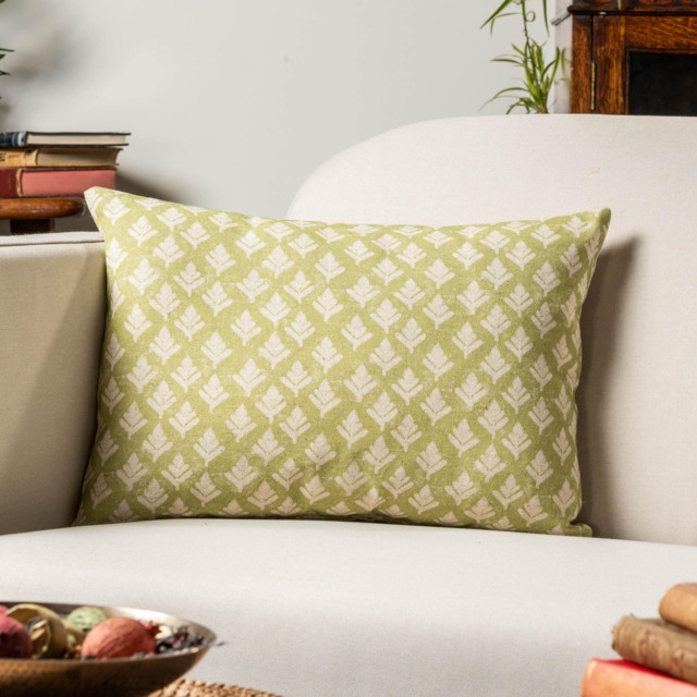 Rustic Leaf Linen Blend Boudoir Cushion Cover. Distressed Pale Green Geometric Vintage Leaves Print. 17x12 - image 1