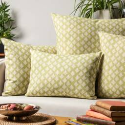 Rustic Leaf Linen Blend Boudoir Cushion Cover. Distressed Pale Green Geometric Vintage Leaves Print. 17x12 - thumbnail 3