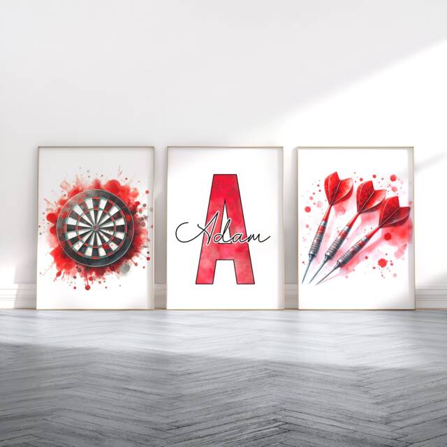 Red Darts Print Set - 3 Personalised Dart Posters - Sport Player Gift Dartboard Prints Boys Bedroom Gifts Kids Gaming Room Artwork - image 1