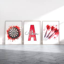 Red Darts Print Set - 3 Personalised Dart Posters - Sport Player Gift Dartboard Prints Boys Bedroom Gifts Kids Gaming Room Artwork - thumbnail 1