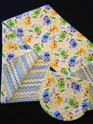 Hemstitch Lion Receiving Blanket & 2 Burp Cloths, Crochet Baby Flannel, Blue Green Yellow, Chevron Reversible Blanket, Soft Warm Fabric - thumbnail 1