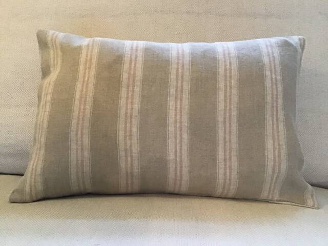 Handmade Linen Cushion Cover Peony & Sage French Ticking - image 1