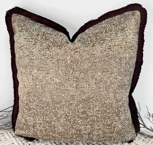 style No. 214 - Luxury Mocha Sheen Bronze Textured Pillow Fringed in Mocha. Pillow Fringed Chocolate Brown The Couture Cushion - image 1