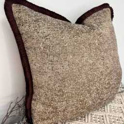 style No. 214 - Luxury Mocha Sheen Bronze Textured Pillow Fringed in Mocha. Pillow Fringed Chocolate Brown The Couture Cushion - thumbnail 3