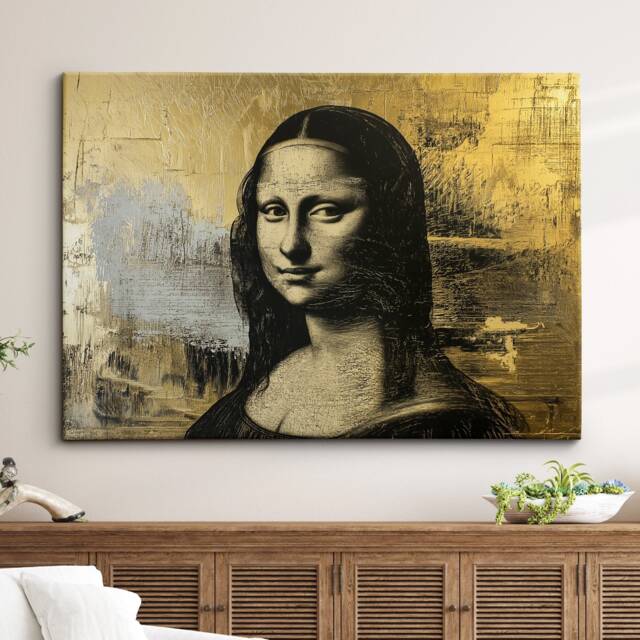 Mona Lisa Gold Abstract Oil Painting Framed Poster Print & Canvas Wall Decor Art Bedroom Home Interior Gift - image 1