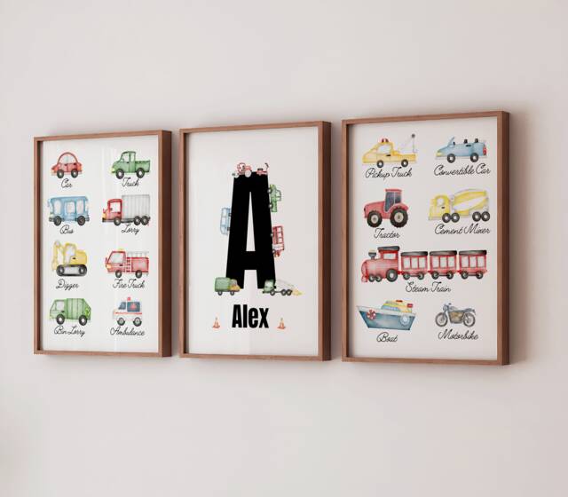 Personalised Vehicle Print Set Watercolour Cars, Diggers & Trucks Theme Nursery Bedroom Art - image 1