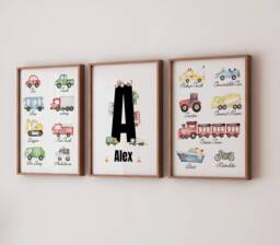 Personalised Vehicle Print Set Watercolour Cars, Diggers & Trucks Theme Nursery Bedroom Art - thumbnail 1