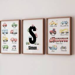 Personalised Vehicle Print Set Watercolour Cars, Diggers & Trucks Theme Nursery Bedroom Art - thumbnail 2