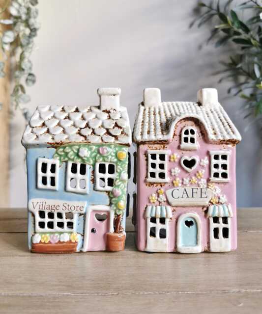 Ceramic House Tea Light Holder, 2 Design Options, Blue Village Store, Pink Candle Holder - image 1