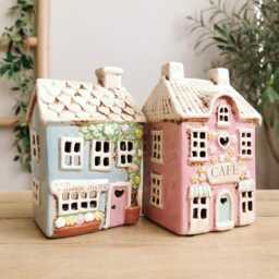 Ceramic House Tea Light Holder, 2 Design Options, Blue Village Store, Pink Candle Holder - thumbnail 2