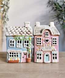 Ceramic House Tea Light Holder, 2 Design Options, Blue Village Store, Pink Candle Holder - thumbnail 1