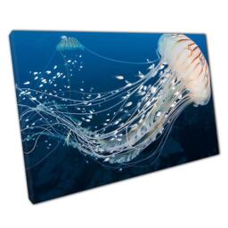 Ethereal Deep Sea Jellyfish & Fish Schools Canvas Art Print - Underwater Ocean Wall Decor For Home Or Office - thumbnail 1