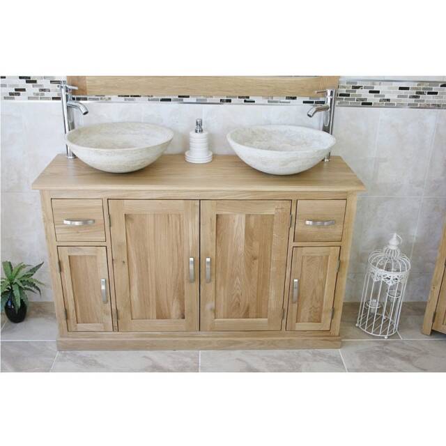 Solid Oak Bathroom Vanity Unit Cabinet Twin Marble Bowl Basin Tap Plug 402Sbc - image 1