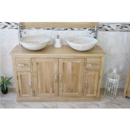 Solid Oak Bathroom Vanity Unit Cabinet Twin Marble Bowl Basin Tap Plug 402Sbc