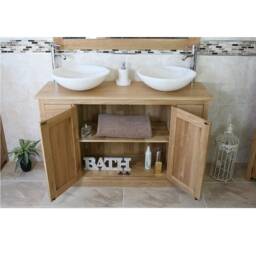 Solid Oak Bathroom Vanity Unit Cabinet Twin Marble Bowl Basin Tap Plug 402Sbc - thumbnail 3
