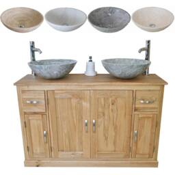 Solid Oak Bathroom Vanity Unit Cabinet Twin Marble Bowl Basin Tap Plug 402Sbc - thumbnail 2