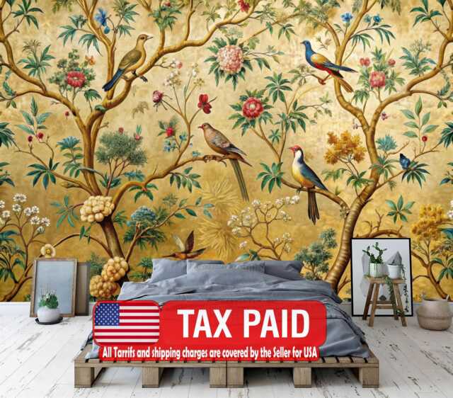 Chinoiserie Crane Wallpaper Mural, Spring Flowers Birds Art Print - image 1