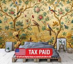 Chinoiserie Crane Wallpaper Mural, Spring Flowers Birds Art Print - thumbnail 1
