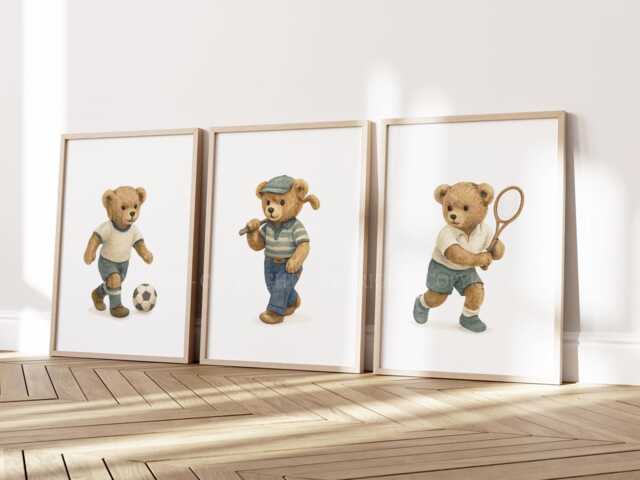 Vintage Classic Teddy Bear Sports Unframed Nursery Prints - image 1