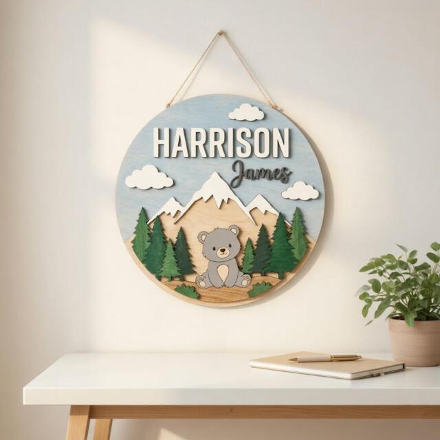 Personalized Kids Name Wood Sign, Mountain & Bear Wooden Custom Woodland Forest Baby Boy Room Wall Decor - image 1