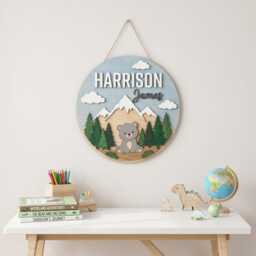 Personalized Kids Name Wood Sign, Mountain & Bear Wooden Custom Woodland Forest Baby Boy Room Wall Decor - thumbnail 3