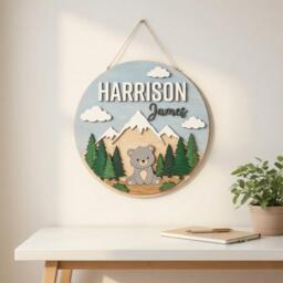 Personalized Kids Name Wood Sign, Mountain & Bear Wooden Custom Woodland Forest Baby Boy Room Wall Decor - thumbnail 1