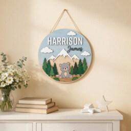 Personalized Kids Name Wood Sign, Mountain & Bear Wooden Custom Woodland Forest Baby Boy Room Wall Decor - thumbnail 4