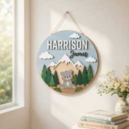 Personalized Kids Name Wood Sign, Mountain & Bear Wooden Custom Woodland Forest Baby Boy Room Wall Decor - thumbnail 2