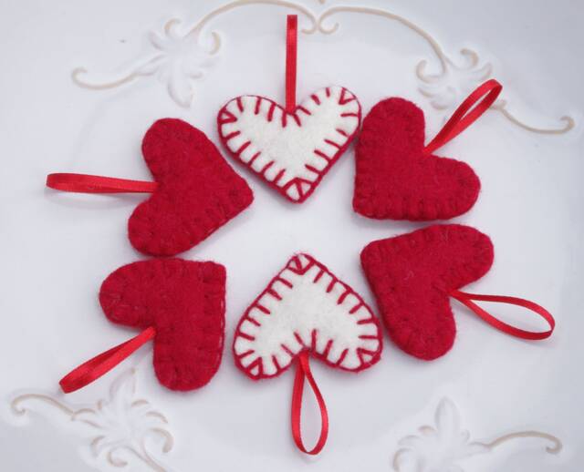 Rustic Felt Christmas Tree Decor, Ornaments, Hanging Heart Felted Small Red & White Ornament - image 1