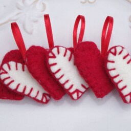 Rustic Felt Christmas Tree Decor, Ornaments, Hanging Heart Felted Small Red & White Ornament - thumbnail 2