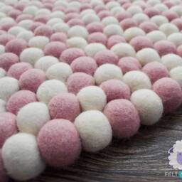 Pink & White Wool Felt Ball Rug - Hand-Felted Round Pom Carpet Kids Playroom Nursery Foot Rugs For Bedroom, Livingroom - thumbnail 2