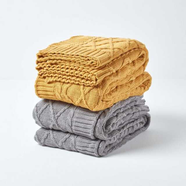 Luxury Cable Knit Cotton Throw - 2 Sizes - 130x170cm, 150x200cm, Colours - Grey, Mustard Soft, Cosy, Handmade, Oeko-Tex?? Certified - image 1
