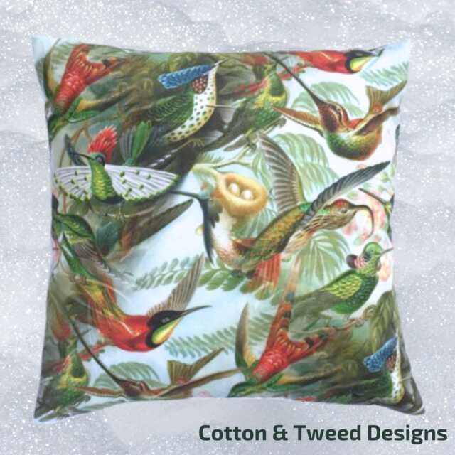 Accent Pillow, Art Nouveau Design Bird Fabric, Blue Or Green Velvet Backed Cushion - image 1