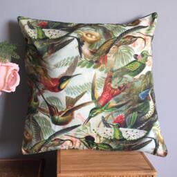 Accent Pillow, Art Nouveau Design Bird Fabric, Blue Or Green Velvet Backed Cushion - thumbnail 2