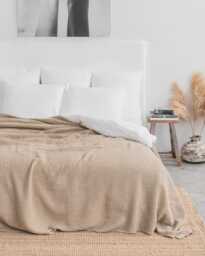 Beige Waffle Linen Blanket - Soft Light Brown Bed Throw For Queen Or King Cozy Bedspread Farmhouse Minimalist Interiors