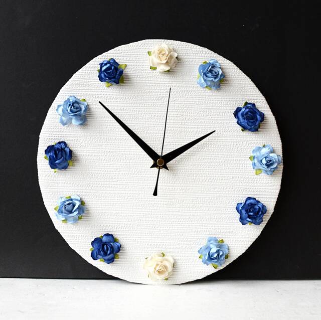 Roses Wall Clock - Mulberry Paper Blue Decoupage 3D Flowers White And - image 1