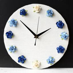 Roses Wall Clock - Mulberry Paper Blue Decoupage 3D Flowers White And - thumbnail 2
