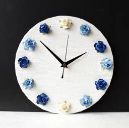Roses Wall Clock - Mulberry Paper Blue Decoupage 3D Flowers White And