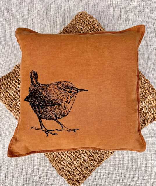 Hand-Printed Linen Pillowcase With A Wren Motif, Screen-Printed Handmade Item, Gift For Bird Lovers - image 1
