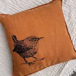 Hand-Printed Linen Pillowcase With A Wren Motif, Screen-Printed Handmade Item, Gift For Bird Lovers - thumbnail 2