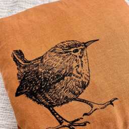Hand-Printed Linen Pillowcase With A Wren Motif, Screen-Printed Handmade Item, Gift For Bird Lovers - thumbnail 3
