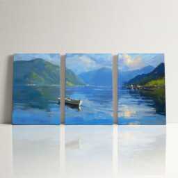 Norwegian Fjord Fishing Boat 3 Panel Split Canvas Wall Art Nordic Landscape Impressionist Coastal Oil Painting Framed Home Decor - thumbnail 3