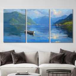 Norwegian Fjord Fishing Boat 3 Panel Split Canvas Wall Art Nordic Landscape Impressionist Coastal Oil Painting Framed Home Decor - thumbnail 2