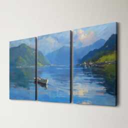 Norwegian Fjord Fishing Boat 3 Panel Split Canvas Wall Art Nordic Landscape Impressionist Coastal Oil Painting Framed Home Decor - thumbnail 1